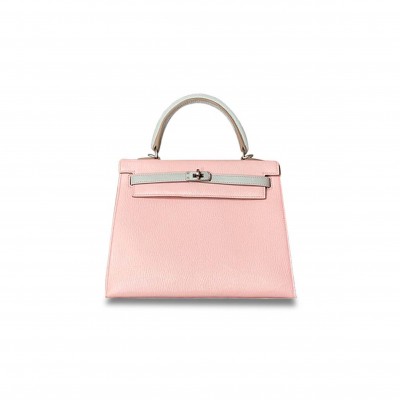 HERMÈS MASTER KELLY 25 CHEVRE 3Q PINK WITH PEARL GRAY SILVER BUCKLE (25*17*7cm) 